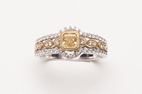 Lady's Two-Tone Fashion Ring With 54=0.38Tw Round Diamonds And One 0.33Ct Princess Cut Yellow Diamond