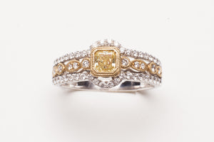 Lady's Two-Tone Fashion Ring With 54=0.38Tw Round Diamonds And One 0.33Ct Princess Cut Yellow Diamond