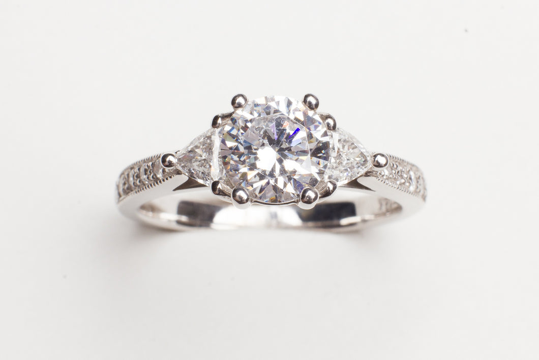18KT WG .40CTTW 3 STONE TRILL SEMI W BEADED SHANK