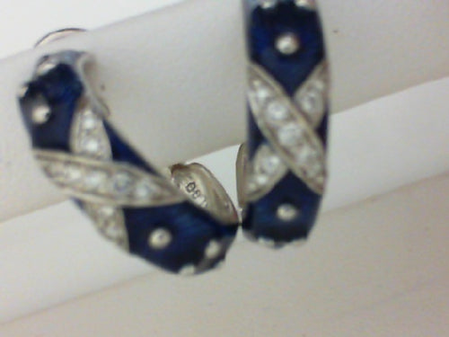 18KT WG .28CT DIA W BLUE ENAMEL HOOP EARRINGS