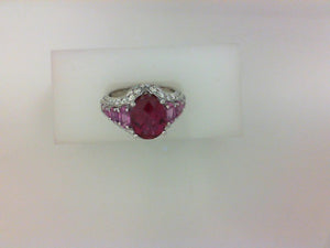 18KT WG PASTEL RG W 40 RD DIA .85CTTW & 10 PINK SAPH 1.42CTTW W 1 OVL RUBY 10X8MM 2.60CT