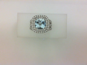 18KT WG PASTEL RG 108 RD DIA .80 10 PS BLUE SAPH 3.49CTTW & 1 CUSH AQUA 1.90CT