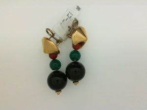 14KT YG GRAD AGAT RED GREEN BLK BALL EARRINGS