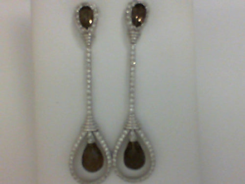 18KT WG TEAR DROP BRIO SMOKEY QRT W DIA DROP DANGLE EARRING