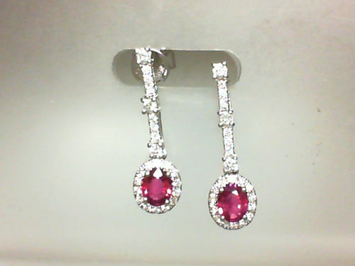 18KT WG .36CT DIA / .80CT RUBY OVAL DANGLE EARRINGS