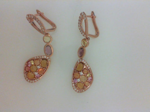 14KT RG .33CTTW RD DIA W 3.09CTTW COLORED STONE DANGLE EARRINGS