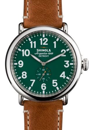 RUNWELL 47MM  RD GTS SHINEY CASE & TOP RING GREEN DIAL 24MM BROWN DUBLIN STRAP 22MM BUCKLE