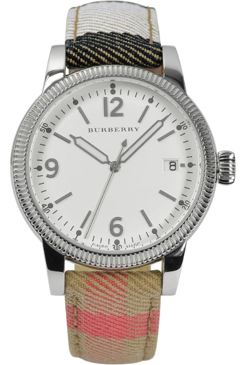 SS WHITE DIAL BURBERRY STRAP (leather/brown/red)