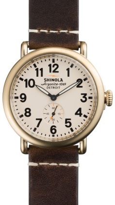 RUNWELL 41MM BRASS SANDBLAST PLATING CREAM DIAL 20MM DK COFFEE LEATHER STRAP