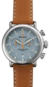 RUNWELL CHRONO 41MM SHINY PLATING SLATE  BLUE DIAL 20MM TAN STRAP 20MM SHINY BUCKLE