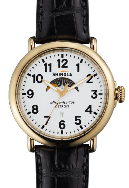 RUNWELL 41MM MOON PHASE POLISHED PVD GLD PLATING MATT VELVET WHITE DIAL BLK ALLIGATOR STRAP