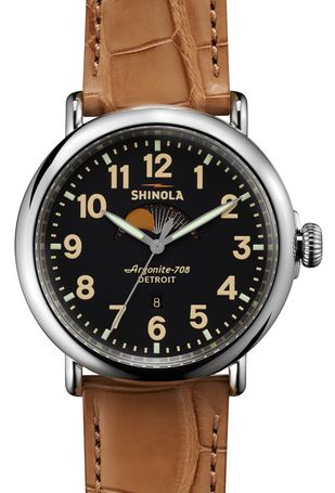 RUNWELL 41MM MOON PHASE POLISHED ROSE PLATING MATTE VELVET CRM DIAL DARK BROWN ALLIGATOR STRAP