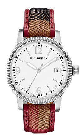 LADIES SS  CASE & WHITE DIAL W RED TRIM BURBERRY STRAP