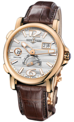 MAXI GMT DUAL TIME 34 JEWEL SW QS BIG DATE 18K RG 42MM WR 100M SIL DIAL W ARABIC FIGURES BROWN ALLIGATOR STRAP