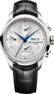 GENTS SS 43MM BAUME & MERCIER AUTO CLIFTON CHRONOGRAPH WHITE DIAL/ BLACK LEATHER STRAP
