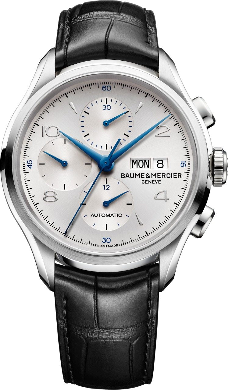 GENTS SS 43MM BAUME & MERCIER AUTO CLIFTON CHRONOGRAPH WHITE DIAL/ BLACK LEATHER STRAP