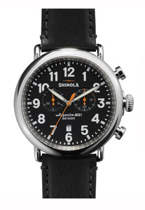 runwell chrono 47mm ss matte blk dial 24mm blk leather strap