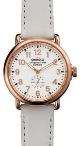 RUNWELL 41MM SHINEY PLATING WH DIAL 20MM BLOODLINE WHITE LEATHER STRAP WITH 18MM SHINEY BUCKLE