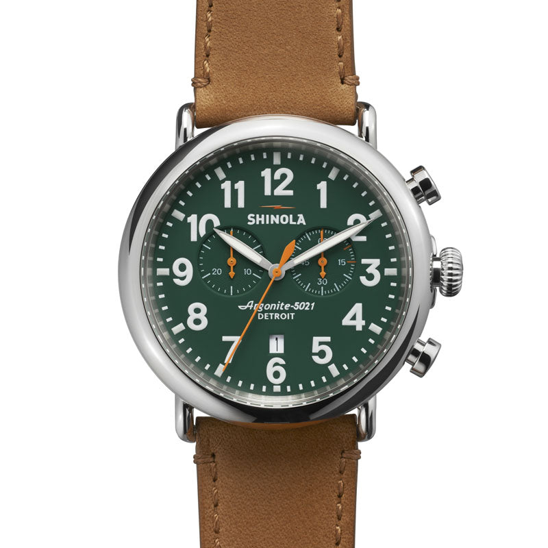 RUNWELL CHRONO 47MM SS MATTE GREEN DIAL 24MM DARK TAN STRAP 22MM BUCKLE